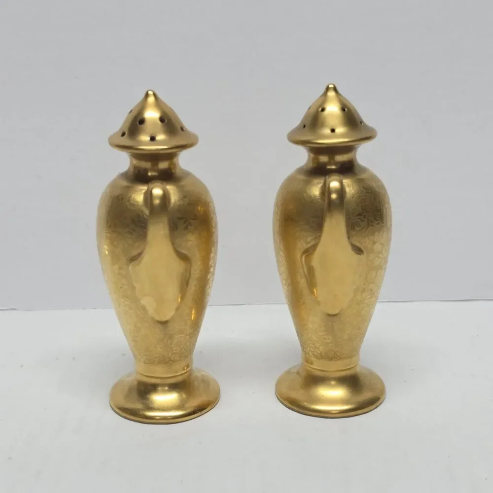 Vintage 50s Stouffer 24 Kt Gold Plated Salt/Pepper Shaker ROSE DAISY w Handles